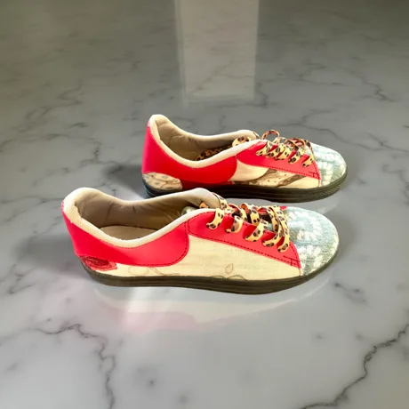 Sneakers -  Red Leather with Teal and Floral Fabric- Size 38 — view 2