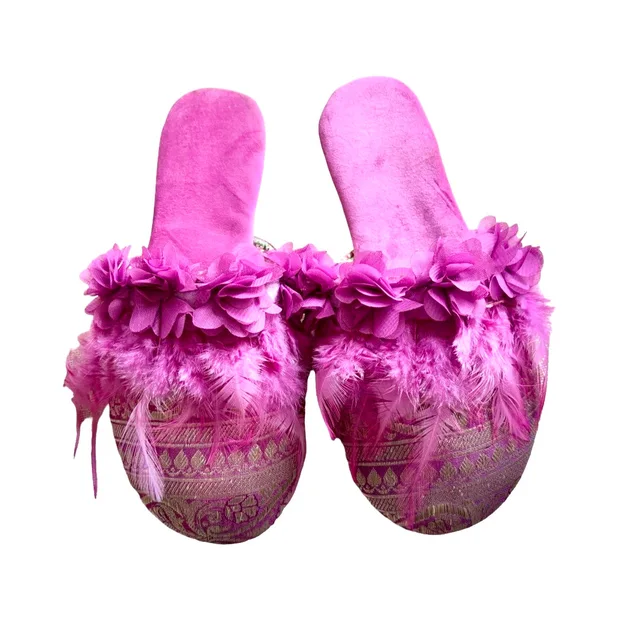 Pink Babouche Mules with Ostrich Feathers - Size 7