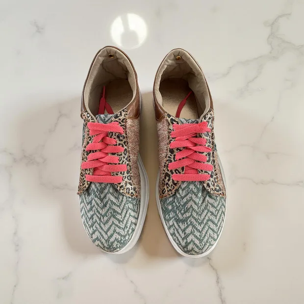 Sneakers -  a Mix of Fabric and Toffee Leather - Size 40