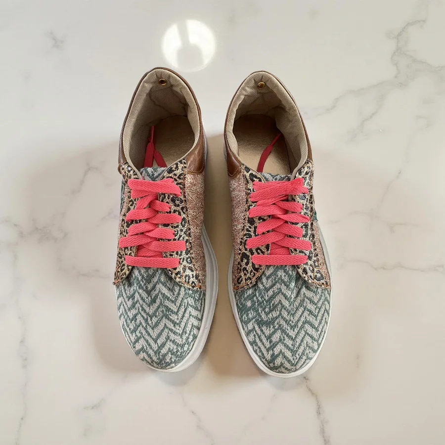 Sneakers -  a Mix of Fabric and Toffee Leather - Size 40