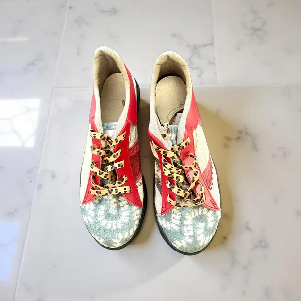 Sneakers -  Red Leather with Teal and Floral Fabric- Size 38
