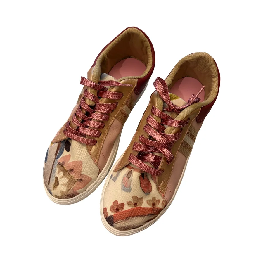 Sneakers -  Pink Leather with Floral Velvet - Size 39