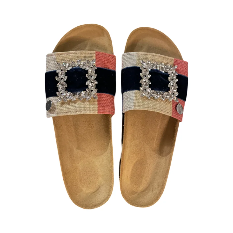 Sandals - Bright Stripes with Velvet Ribbon and Diamante Detail