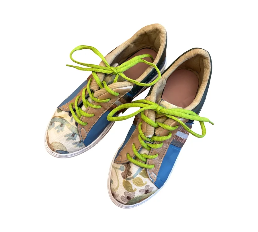 Sneakers -  Blue Leather with Floral Velvet - Size 38