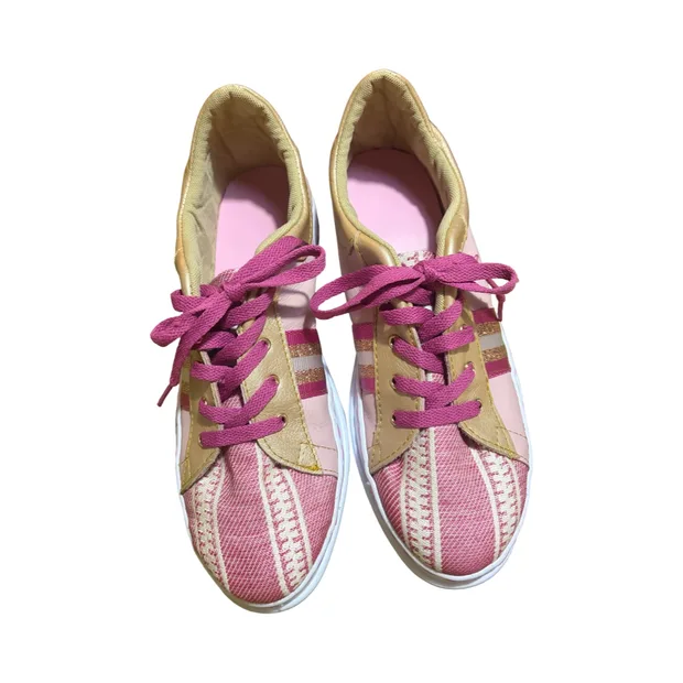 Sneakers -  Ballet pink and gold leather with pink and white stripes - size 40.